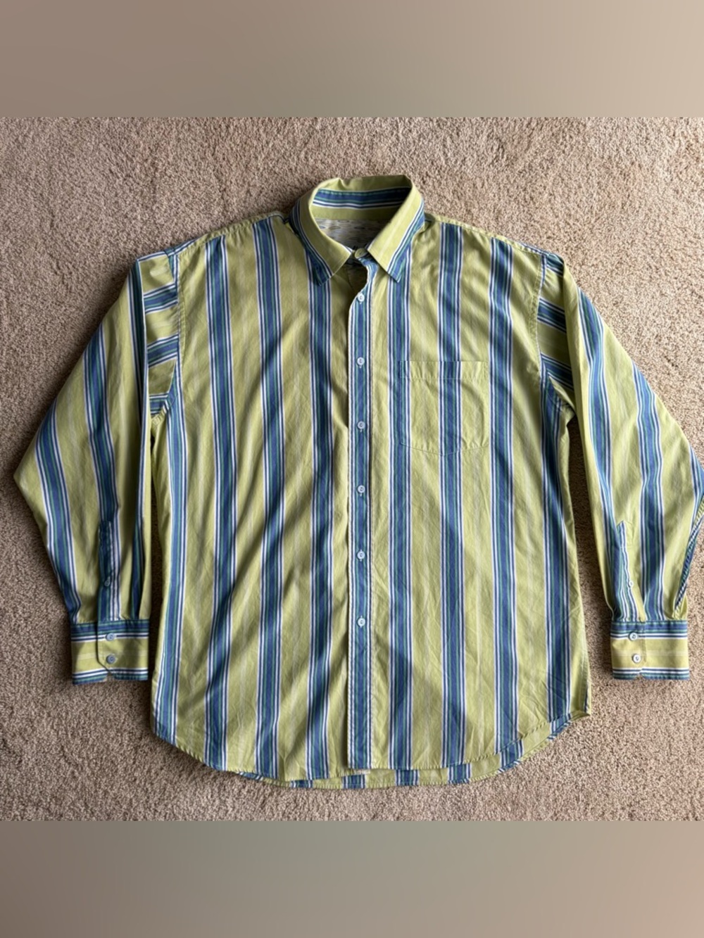 Bugatchi Uomo Shirt XL Green Blue Stripe Button Down Long Sleeve Mens